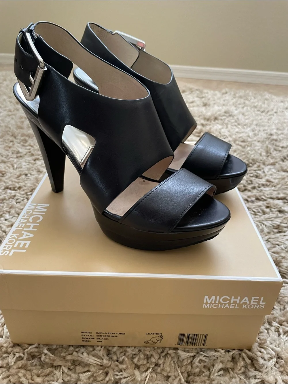 Michael Kors Black Leather Cutout Platform Sandals with Buckle